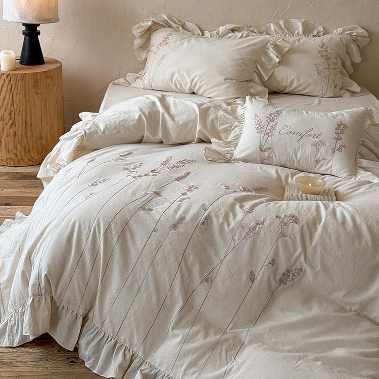 超柔复古风柔软棉麻四件套精致花卉刺绣裸睡被套床单透气床上用品