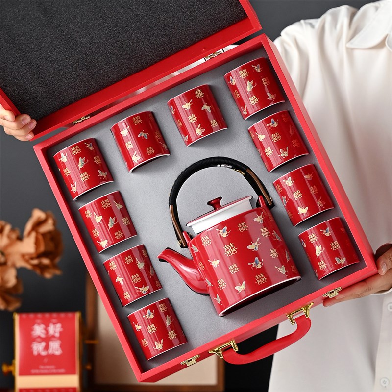 国潮文创喜礼红色结婚茶具套装茶壶敬茶杯送新人陪嫁婚庆用品大全