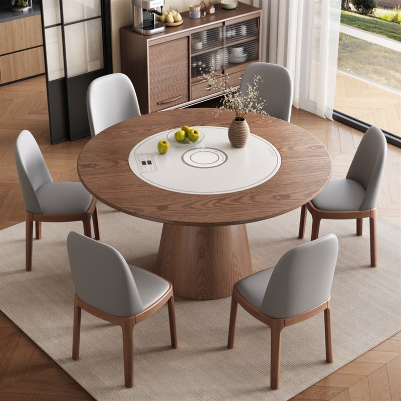 20新款实木餐桌椅家用多功能暖菜板电磁炉圆桌中古风圆餐桌