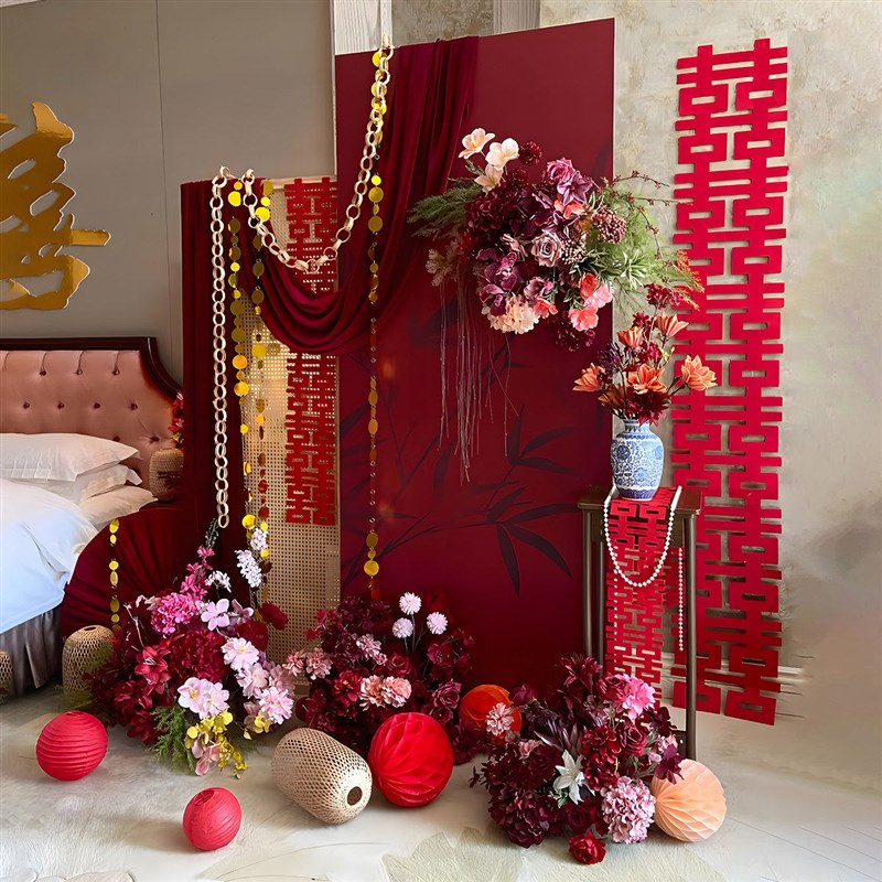 婚房氛围感布置床头布艺立体喜字结婚套装拉花装饰仿真花女方卧室