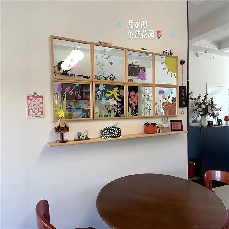 把春天装进家里!diy相框镜子客厅丙烯画镜子墙装饰画大白墙改造