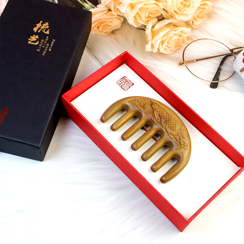 天然绿檀木梳子大齿头皮按摩梳头部经络梳小号宽齿乳腺梳