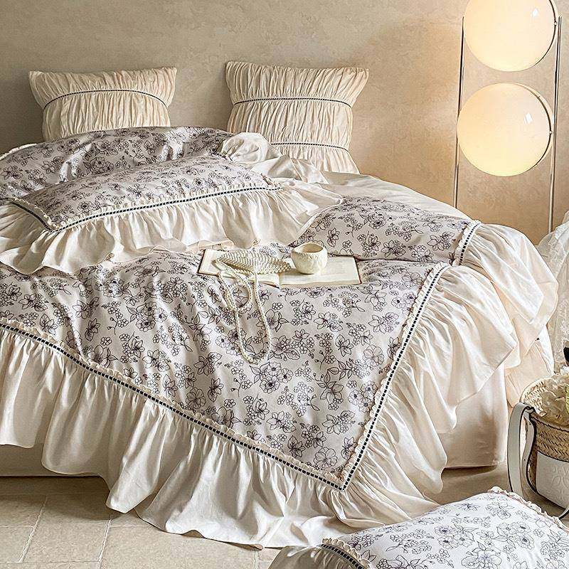 复古风高级数码印花全棉四件套纯棉拼接被套床单荷叶边床上用品冬,鲜花速递/花卉仿真/绿植园艺,割草机/草坪机,淘宝优惠券,粉丝福利购,淘宝优惠卷