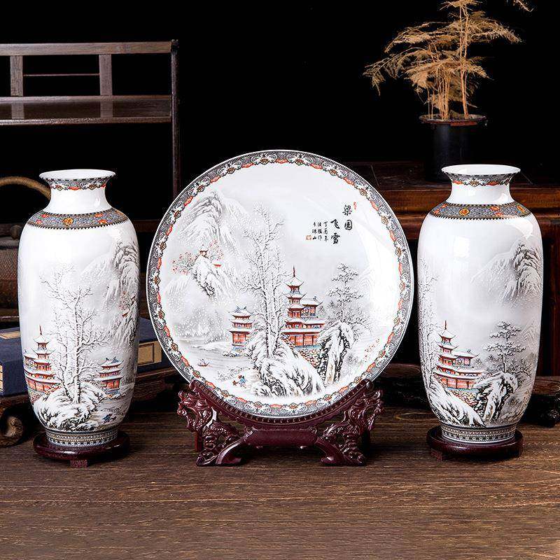 陶瓷装饰品花瓶摆件粉彩梁园飞雪三件套新中式花瓶盘子柜台摆设,鲜花速递/花卉仿真/绿植园艺,割草机/草坪机,淘宝优惠券,粉丝福利购,淘宝优惠卷