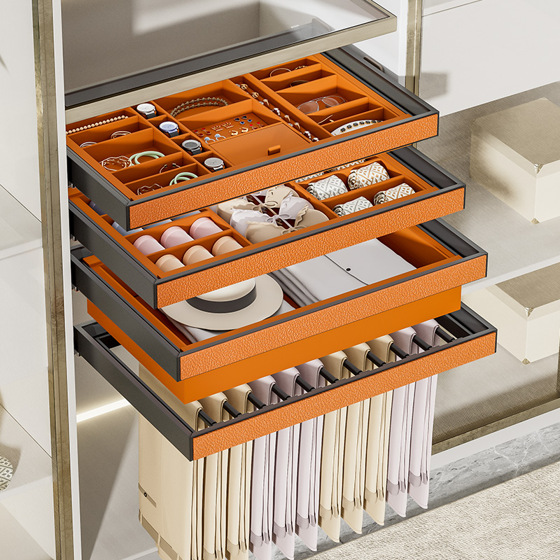 衣柜拉篮格子抽裤架伸缩滑轨皮革首饰盒内置篮抽屉式自制轨道五金