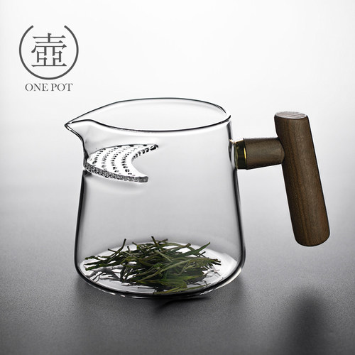 耐热加厚玻璃公道杯木把月牙公杯自带茶漏过滤网一体泡绿茶分茶器