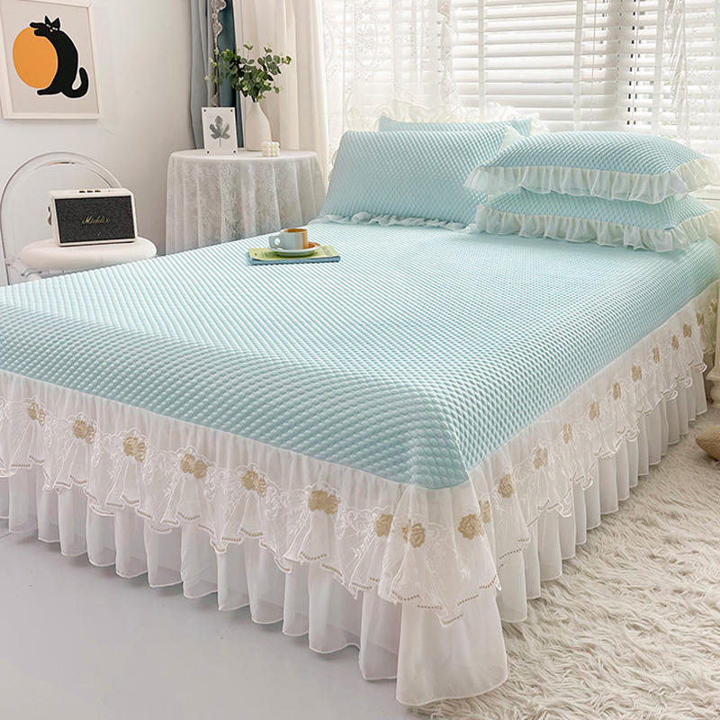 夏季豆豆席少女心夏天冰丝凉席三件花边床单可机水洗空调软席子