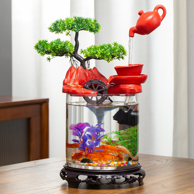 招财流水摆件假山创意小型玻璃鱼缸水车循环水客厅办公室桌面造景