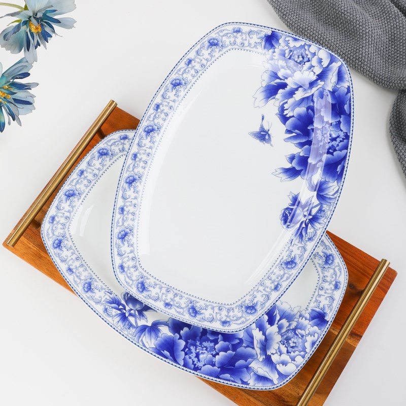 釉下彩骨瓷大号蒸鱼盘子12英寸骨陶瓷盘子长方形鱼盘家用新款餐具