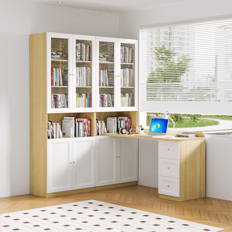 可比熊实木书桌书架一体家用儿童写字桌转角学生学习桌客厅办公桌