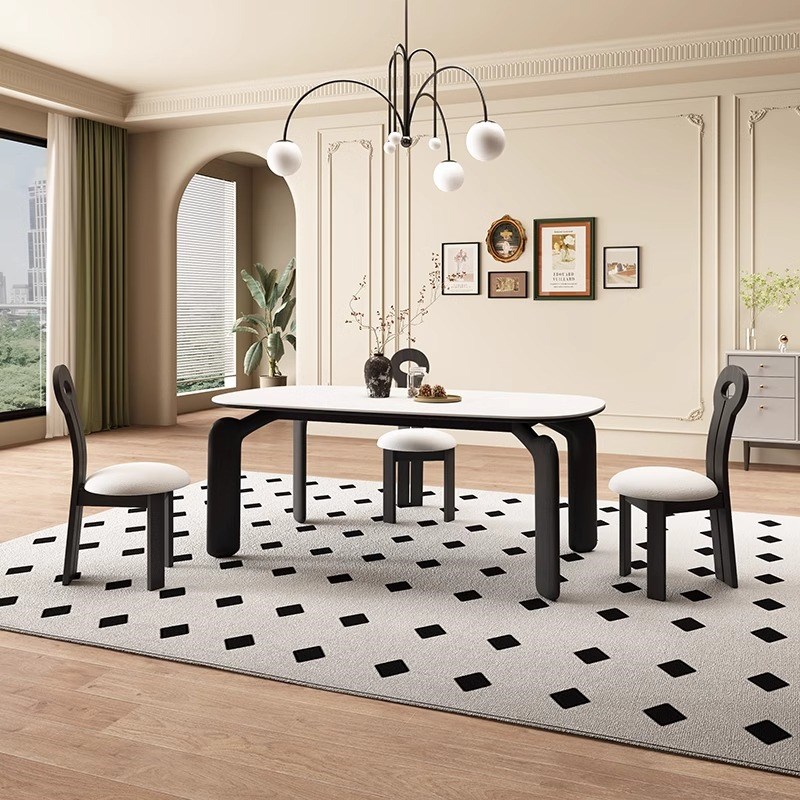 复古实木餐桌长方形现代简约小户型大象腿饭桌奶油风白色岩板餐桌