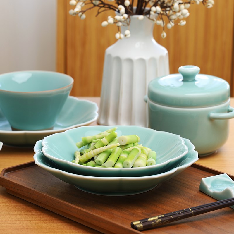 龙泉青瓷家用陶瓷菜盘8英寸花边深盘汤盘果盘创意碟子中式2024新