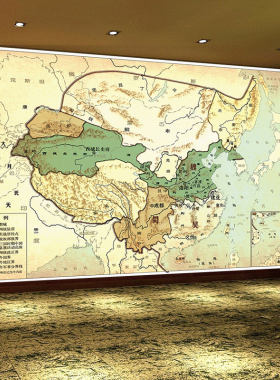 三国时期地图墙纸中式书房背景墙装饰壁画魏蜀吴疆域古代地图壁纸