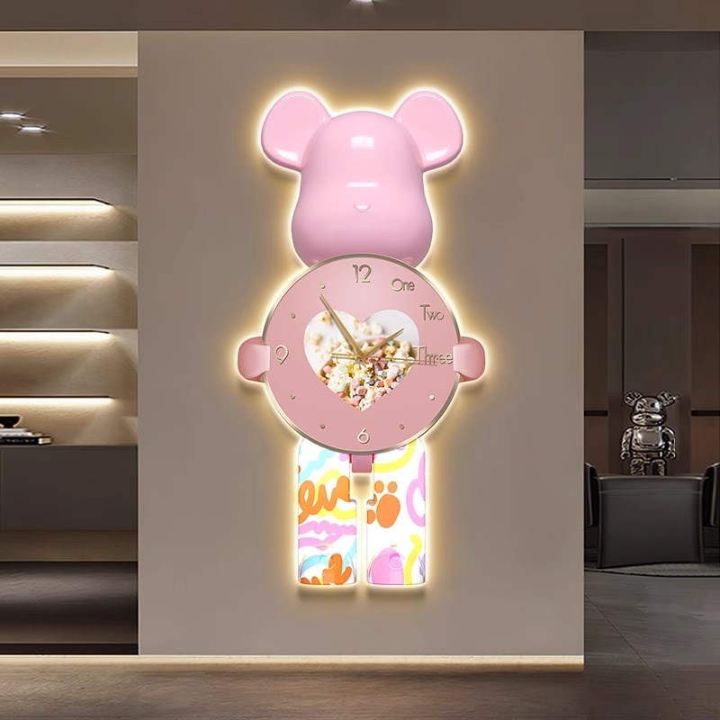 带灯挂钟暴力熊装饰画LED餐厅客厅玄关卧室静音钟表壁灯挂画灯画