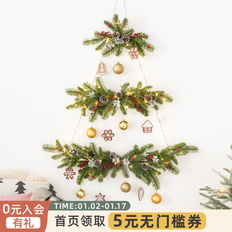 阿楹 圣诞装饰品家庭壁炉背景墙门吊挂件diy松枝藤条公司花园带灯