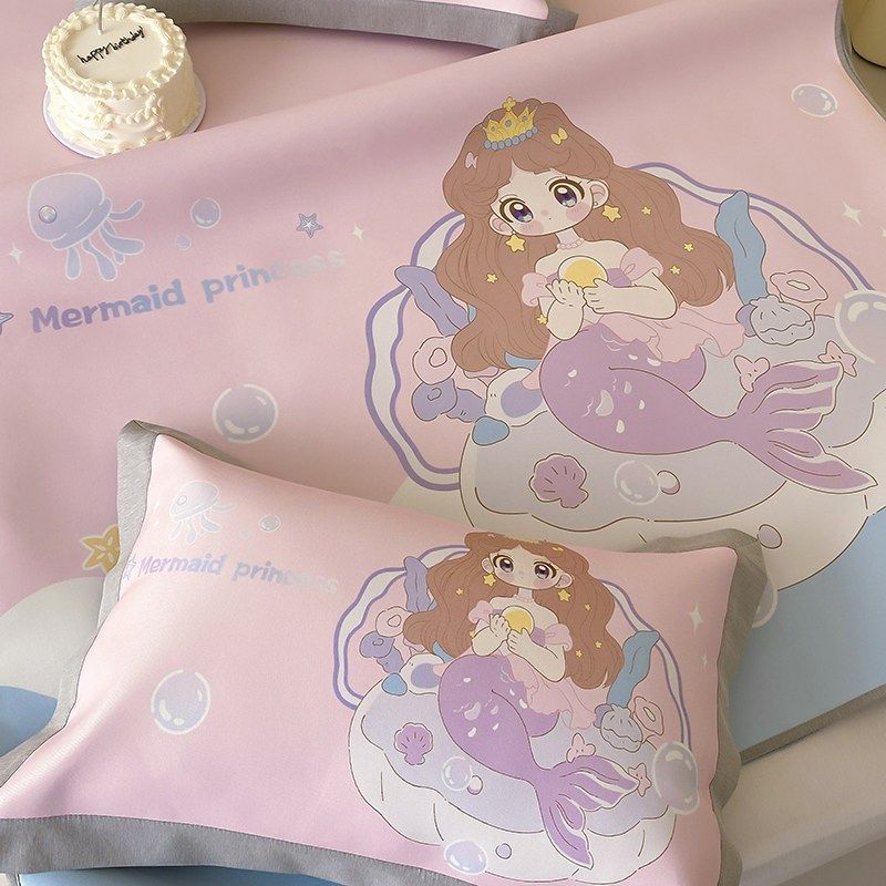 卡通风夏季冰丝凉席三件套可爱美人鱼床笠款可水洗1.5m空调软席