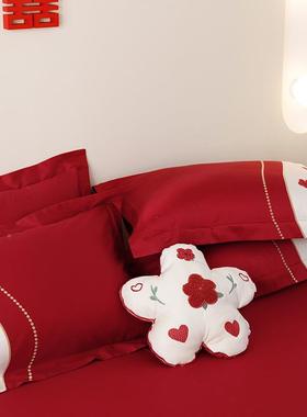 婚庆绣红色纯棉100支长绒棉四件刺花被套全棉1YSJJ.婚8m结床上套