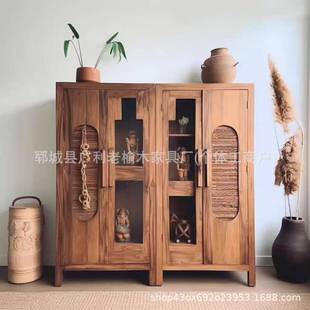 复古榆木储物柜实木餐边柜大空间储物柜靠墙客厅斗柜新中式收纳柜