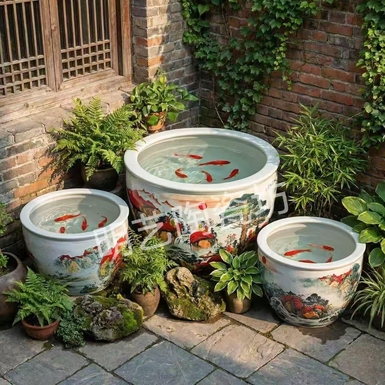 景德镇青花手绘大号陶瓷大缸1米直径鱼缸荷花种树庭院别墅水缸
