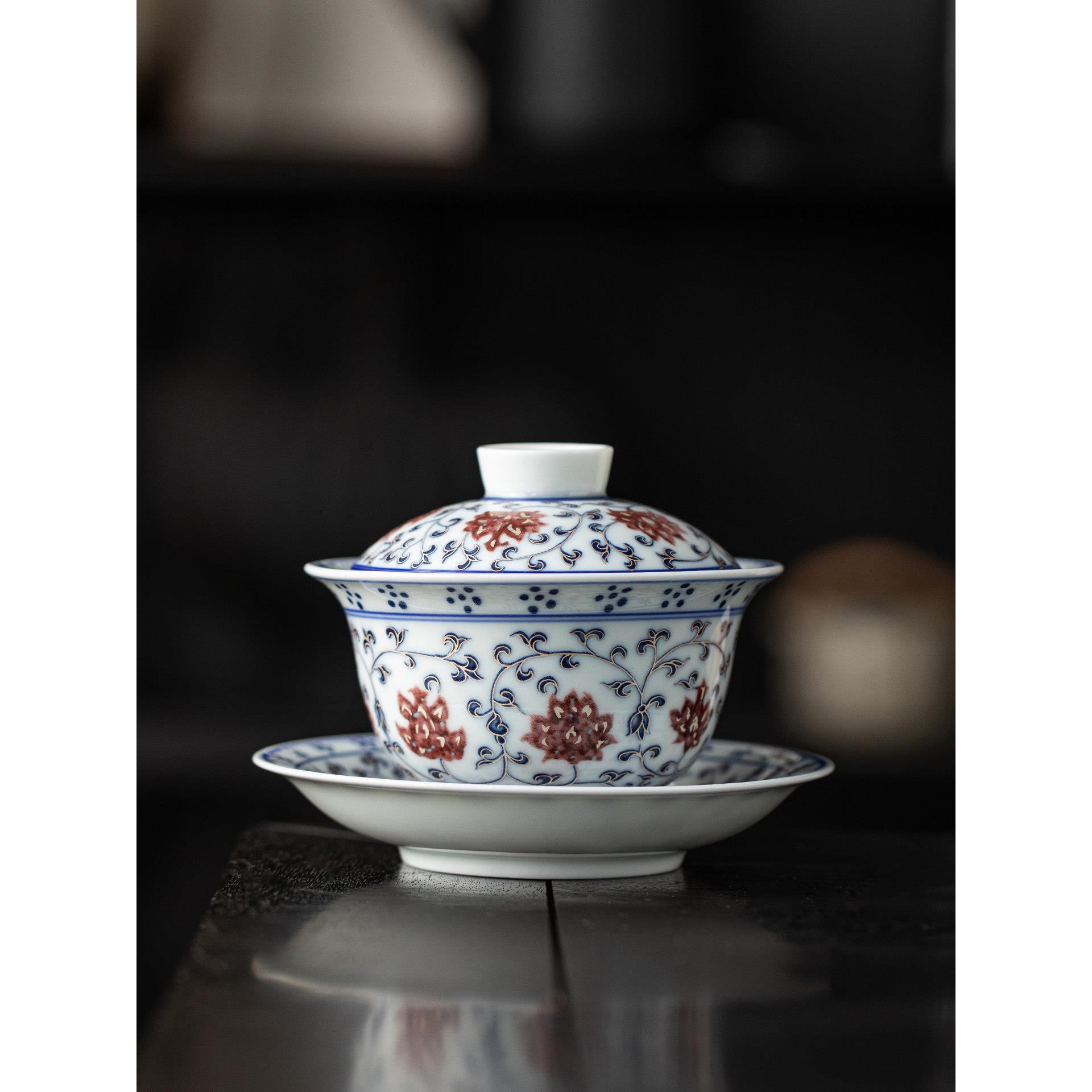 描银青花釉里红三才盖碗茶杯陶瓷泡茶碗单个中国风茶具功夫茶具