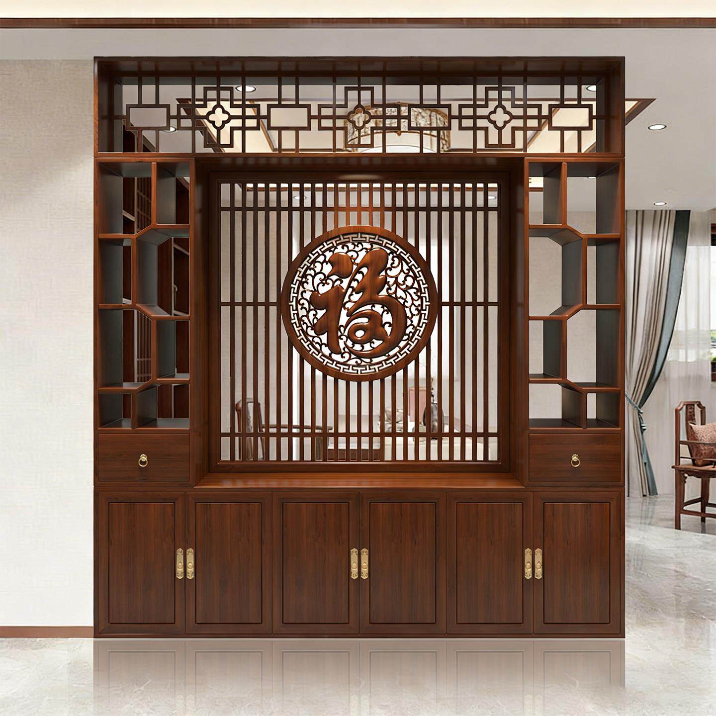 新中式实木屏风玄关柜入户正对门遮挡别墅客厅饭厅隔断福字置物架
