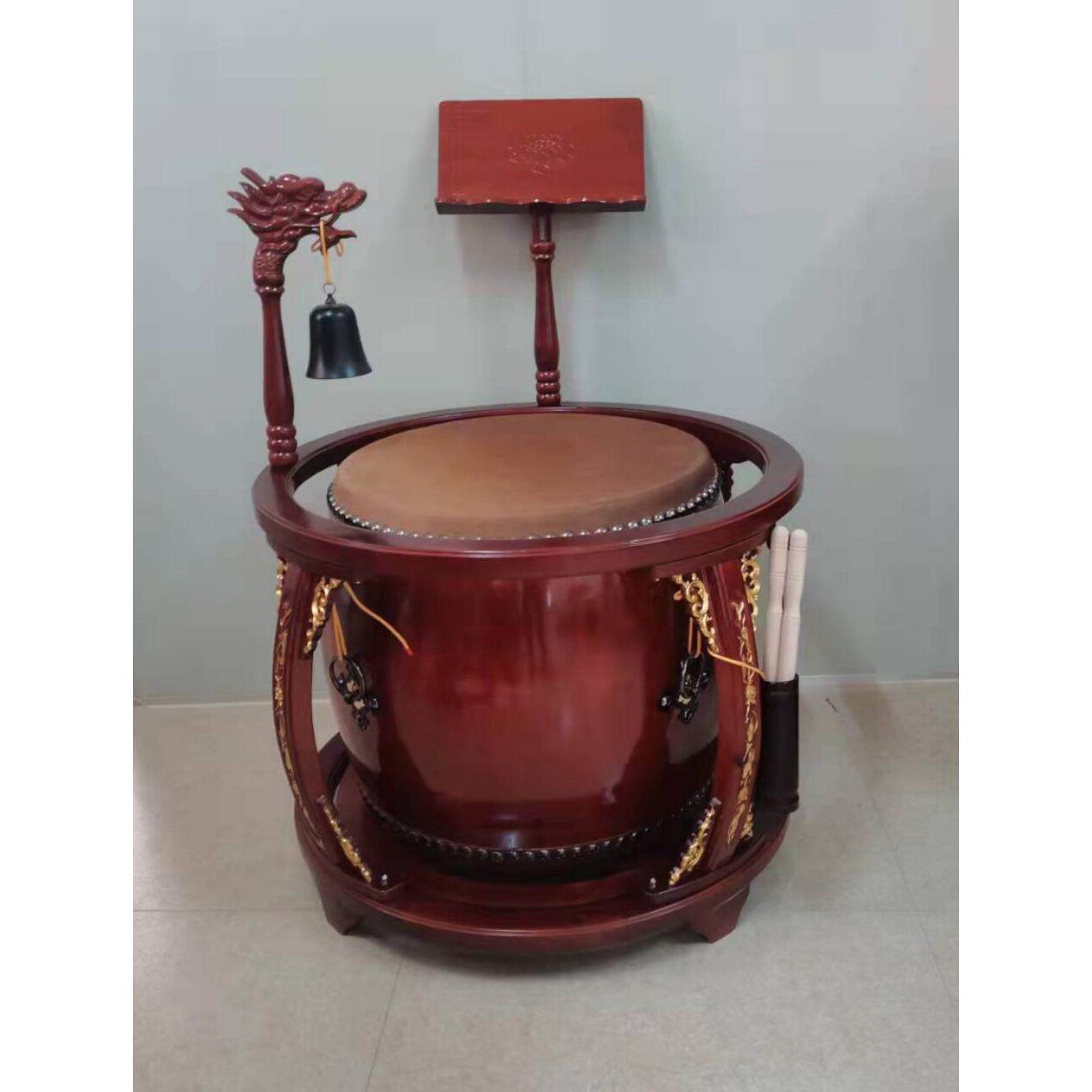 台湾鼓铃鼓法器寺庙鼓堂鼓毛鼓实木大鼓帝钟圆鼓架佛堂铃铛牛皮鼓
