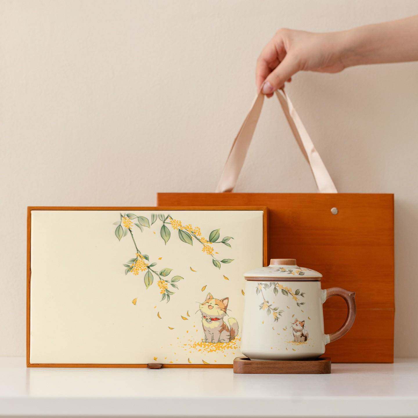 汝窑陶瓷马克杯家用喝水泡茶杯子茶水分离带盖子过滤办公室杯子礼