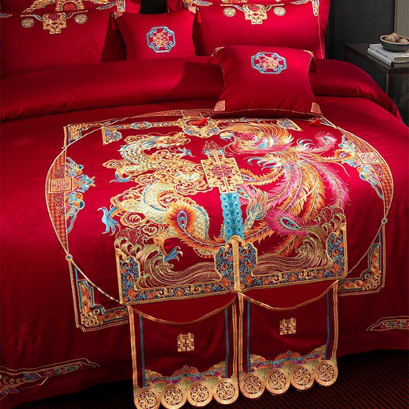婚庆四件套纯棉喜被大红高档简约刺绣新结婚房嫁礼床笠单床上用品