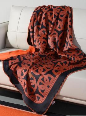 轻奢橙色印花锦狐绒毛毯 加厚双层复合沙发空调休闲旅行盖毯子