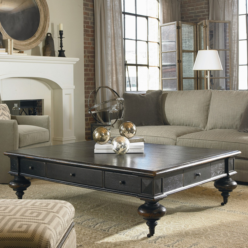 法式美式实木复古客厅茶几黑色长方形咖啡桌别墅奢X华长桌可定制