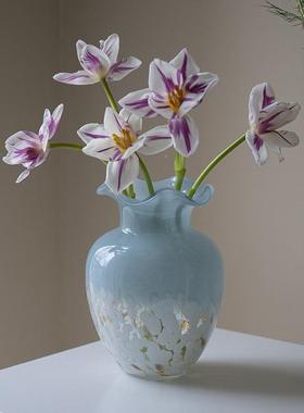 北欧小清新天蓝色玻餐璃手工花瓶客厅百桌桌PIH面摆件玫瑰花合鲜