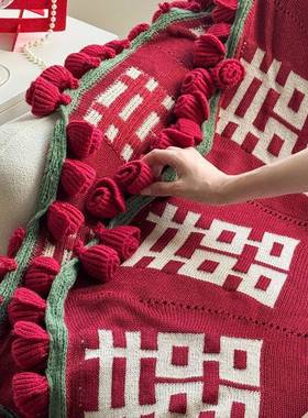 礼囍字手工针毯织玫瑰花束子结婚订婚送毯毛毯披肩UWE休闲设计感