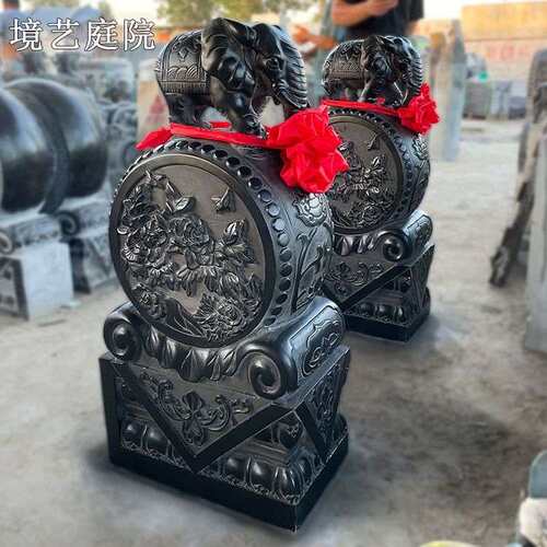 石雕门墩抱鼓石一对青石仿古做旧麒麟石狮子别墅庭院镇宅门口摆件