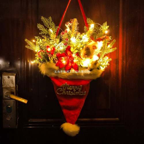 创意发光圣帽装饰置挂圣诞节仿真绿植松针件门挂圣VAD诞树诞布用