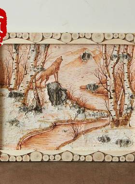 刻画桦木树画家居合皮装y饰树皮画-0大自然风格白桦树皮场di手工