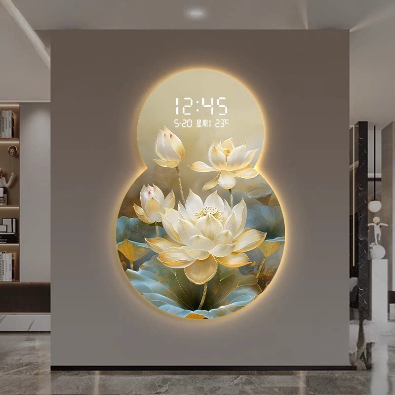 新中式玄关发光灯画禅意荷花电子屏数显时钟挂画茶室酒店精雕壁画