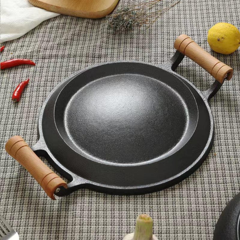 铸铁摊黄儿锅老式鏊子饼折锅耨耨C烙糕烙饼锅无涂层加厚木柄煎饼
