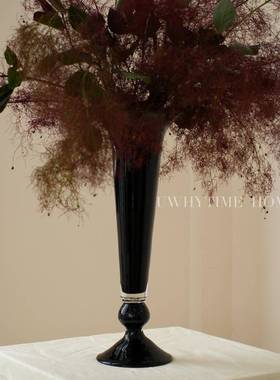 V花i璃ntage老货黑色脚款瓶高烛台双头两用FPN型琉花瓶复古