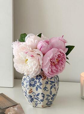 新款花瓷青OWD陶瓷中花瓶新式摆件客厅插玄关装饰品古风花芍药插