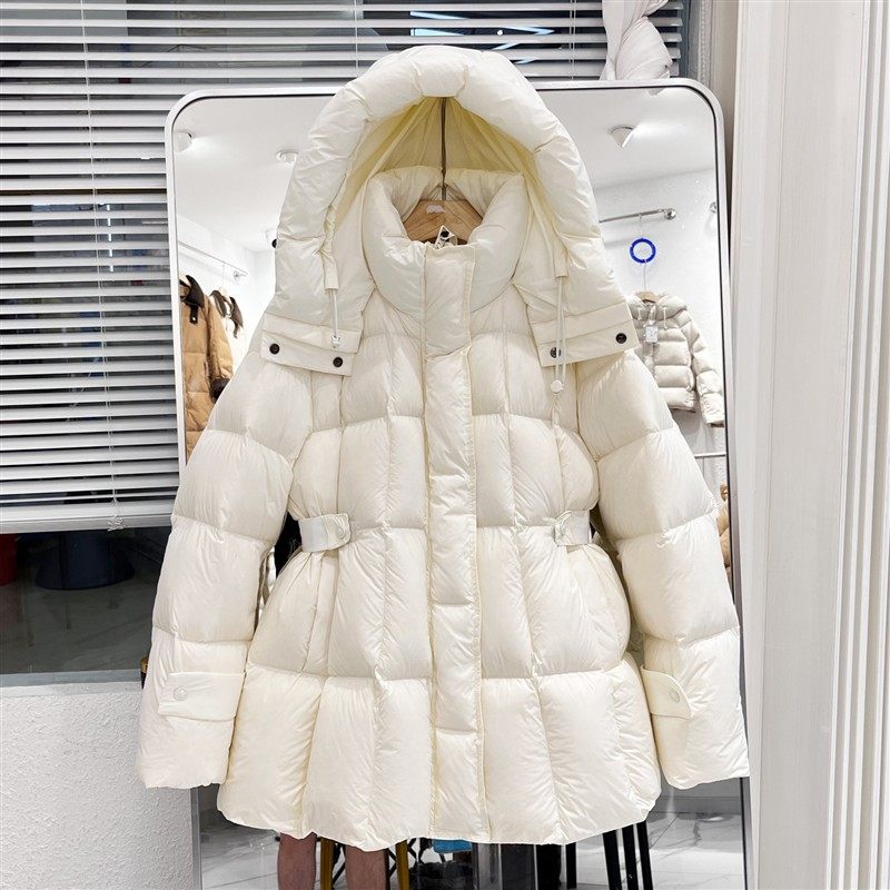 新国标90%白鸭绒 女士韩版小个子修身显瘦小蛮腰连帽中长款羽绒服