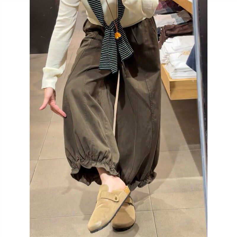 咖色九分花苞休闲裤女秋季新款宽松显瘦小个子高腰垂感阔腿灯笼裤