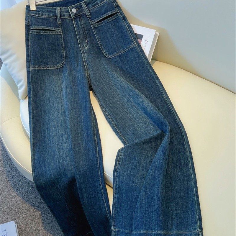 高腰微喇阔腿牛仔裤女2025新款春秋季宽松大裤脚小个子直筒长裤子