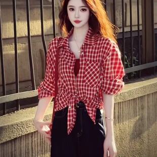 红色格纹女式 法式 衬衫 经典 202早秋韩式 覆古港式