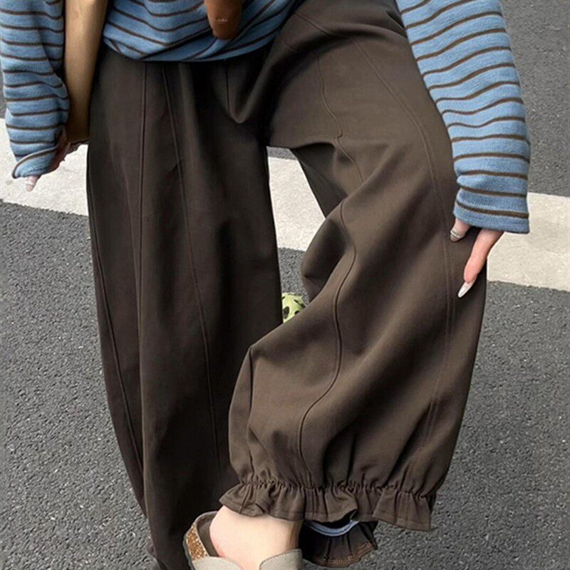 咖色九分木耳边阔腿灯笼裤女秋装大码胖mm梨形身材显瘦休闲花苞裤