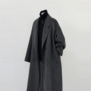 深灰色双面羊绒大衣女2024秋冬新款小个子宽松高级感休闲毛呢外套