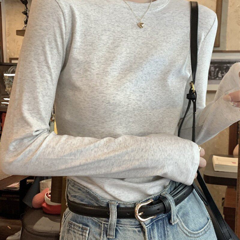 纯棉打底衫女春秋2025新款内搭修身花灰色圆领正肩长袖t恤女上衣