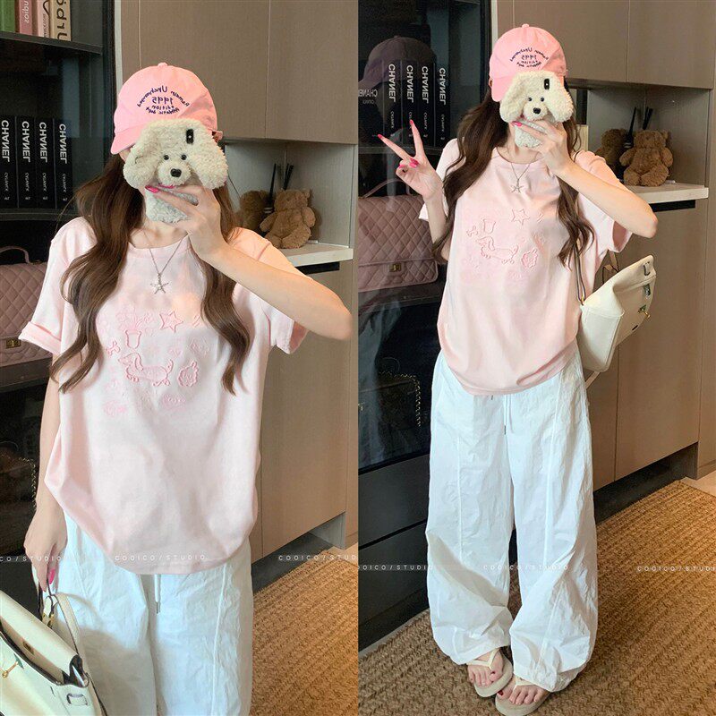 粉色刺绣纯棉重工短袖t恤女夏季新款韩版宽松圆领小众设计感上衣