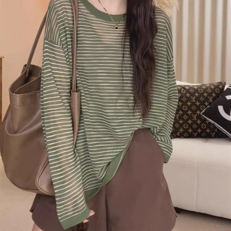 慵懒松弛感绿色条纹长袖t恤女夏季薄款宽松休闲冰丝防晒罩衫上衣