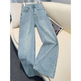 浅蓝色烫钻亮闪闪牛仔裤女春季2026新款直筒宽松大码显瘦阔腿裤子