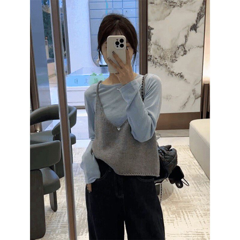 韩系针织吊带背心长袖打底衫两件套女装2025新款早秋叠穿套装穿搭